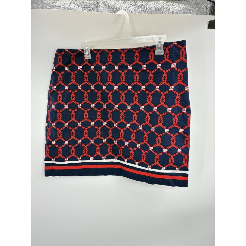 Talbots Womens Skirt Size 16P Red Navy Geometric Rope Print Stretch Straight